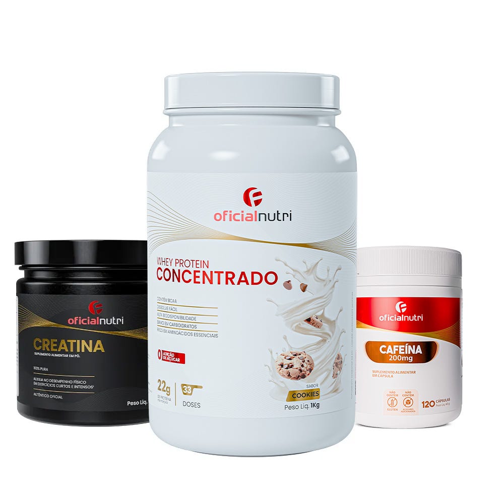 COMBO 6 - 1 Creatina 300g + 1 Cafeína 200mg + 1 Whey Protein Concentrado Cookies