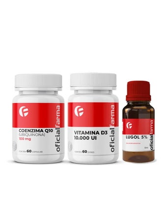 Vitamina D3 10.000UI 60 Doses + Lugol 5% Iodo 30mL + Coenzima Q10 100mg 60 Cápsulas