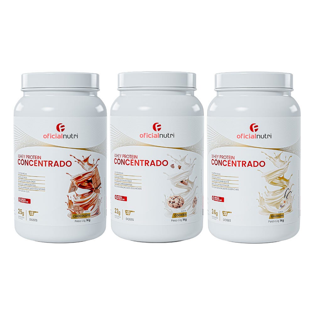 COMBO 14 - Whey Protein Concentrado 1 Cookie + 1 Chocolate + 1 Baunilha